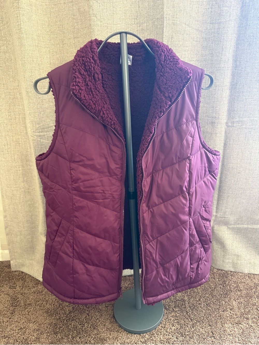Time and Tru Quilted Sherpa-Lined Vest in Plum